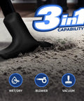 Wet Dry Vacuum Cleaner For Home And Shop Use, close-up of 3-in-1 tool on carpet with icons for wet/dry, blower, vacuum capabilities