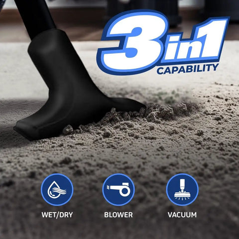 Wet Dry Vacuum Cleaner For Home And Shop Use, close-up of 3-in-1 tool on carpet with icons for wet/dry, blower, vacuum capabilities