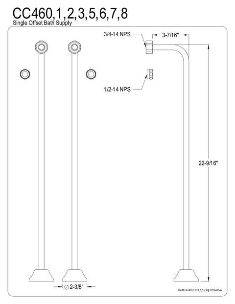 Diagram of Single Offset Bath Supply Set in Polished Chrome, Solid Brass Build, 22 9/16 Inch Long, 3 7/16 Inch Wide, 2 3/8 Inch Bottom Flange.