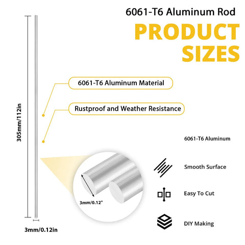 Front view of 15pcs 6061-T6 aluminum round rods, 3 mm diameter by 12 in length, smooth surface.