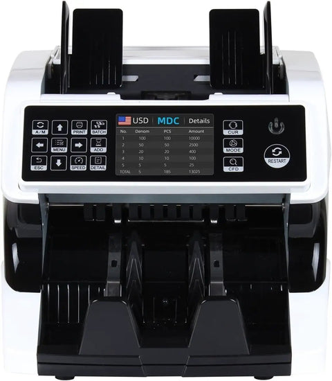Dual Sensor Multicurrency Money Counter With Led Screen And Auto Stop For Usd And Euro Bills Featuring Magnetic And Infrared Sensors, showing cash counting display.