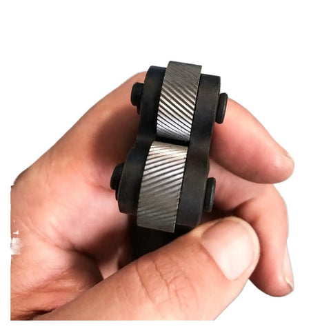 Dual Head Lathe Knurling Tool With Steel Knurling Knife And Inner Hole Embossing Wheel held between fingers