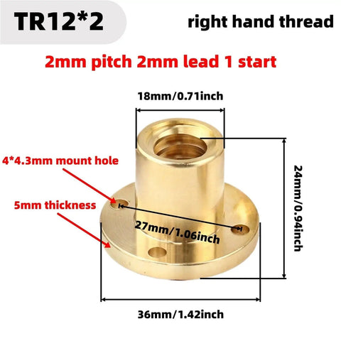 Beefy Brass Lead Screw Flange Nut With Right Hand Trapezoidal Thread 12mm Diameter for 3D Printers CNC Machines, product dimensions