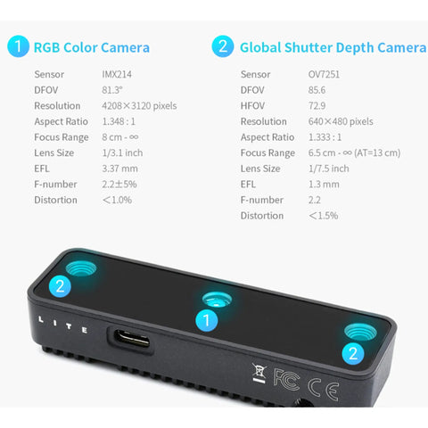 Top view of AI Vision Depth Sensing Camera Development Kit With 13MP RGB, Global Shutter, 60FPS RGB, 200FPS Depth, Intel Myriad X