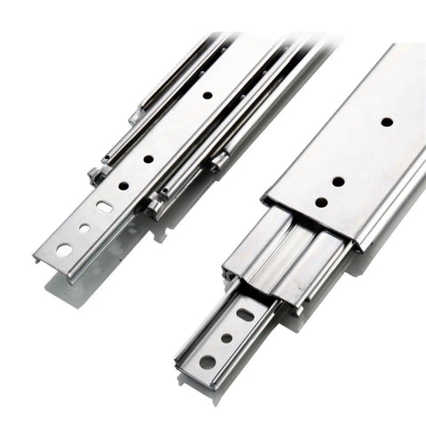 Heavy Duty Full Extension Side Mounted Ball Bearing Drawer Slides With Quick Release Latch for smooth glide showing metal tracks.