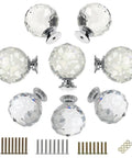 No Hassle Premium Clear Glass Crystal Cabinet Knobs 8 Pack Round Drawer Pulls With Slick Mirror Shine Including Three Mounting Screws For Quick Home Decor Refresh Project, featuring various angles of crystal knobs and screws.