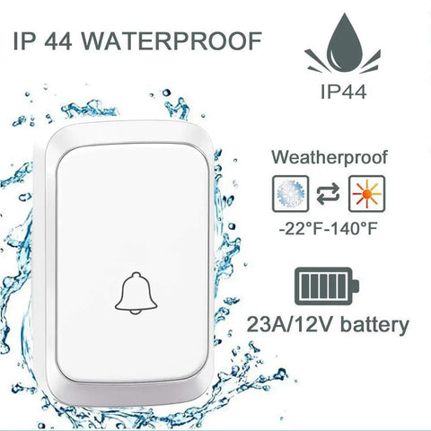 White IP44 waterproof button from Long Range Wireless Doorbell Kit With One Button And Two Plug In Receivers, weatherproof design.