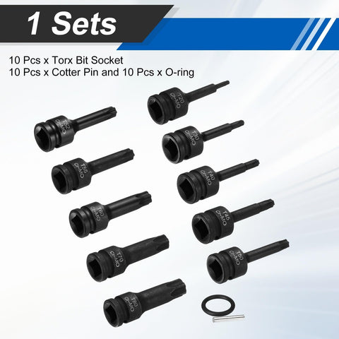 Ten Piece Half Inch Drive Torx Socket Set T20 To T80 6 Point Star Bits Cr Mo Steel Heavy Duty Impact Grade With Cotter Pins And O Rings For Garage Workshop And Automotive Repairs