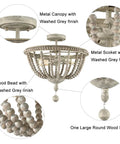 Close-up of Modern Farmhouse Semi Flush Mount Ceiling Light With Wood Bead Shade Open Bowl Frame Boho Chic Warm Glow Easy Install.