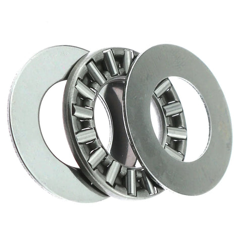 Thrust needle roller bearing set with washers, front view; 2 bearings and 4 washers, metal, silver