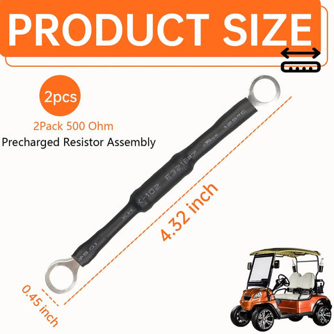 2 Pack Pre Charge Resistor Assembly 500 Ohm 6.5 Watt Fits Ezgo 48V Golf Carts shown with dimensions 4.32 inch and 0.45 inch.