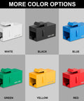 Color options for Cat6 RJ45 Keystone Coupler 25 Pack Female to Female UTP Inline Jack in white, black, blue, green, yellow, and red.