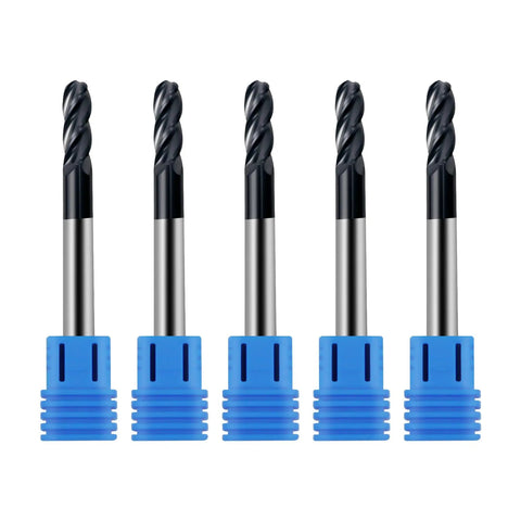 Image of Five Pack Quarter Inch Ball Nose Carbide End Mills ALTiN Coated, Four Flute CNC Milling Bits for Alloy and Hardened Steels