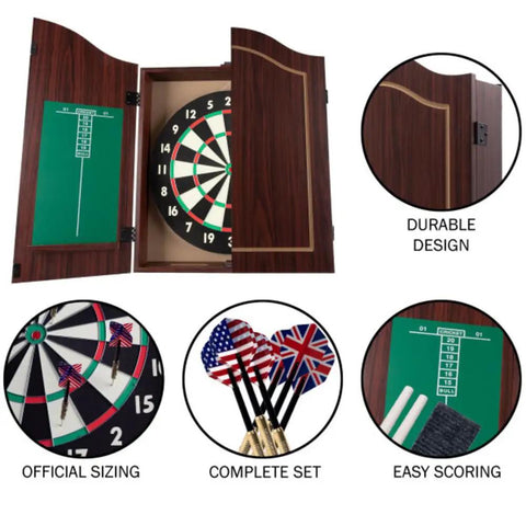 Official Sized Dart Board Cabinet Set With 18 Inch Dart Board, 6 Steel Tip Darts, And Chalkboard Scoring for Game Rooms and Man Caves