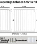 Diagram of extra wide indoor baby gate with extensions showing dimensions for doorways and stairs, 67 to 71.6 inch wide.