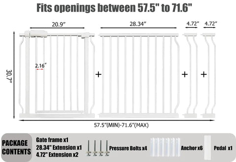 Diagram of extra wide indoor baby gate with extensions showing dimensions for doorways and stairs, 67 to 71.6 inch wide.