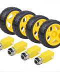 Four Pack DC 3 To 6 Volt Dual Shaft Gear Motor And Wheel Kit With 200 RPM And 1 To 48 Gear Ratio 65 Millimeter Rubber Tires