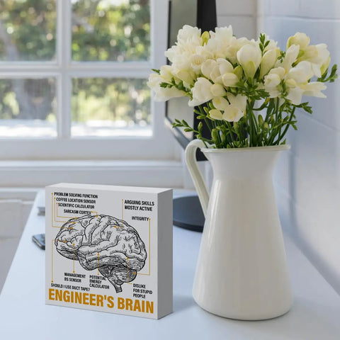 Sarcastic Engineer Gift For Men For Mentors Coworkers Students Dad Or Husband With Nerd Humor Home Office Desk 5x5 Inch Wooden Sign Decor next to vase with flowers