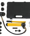 10 Ton Hydraulic Knockout Hole Punch Kit With Separable Pump and accessories displayed with carrying case