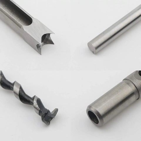 Pro Grade Three Piece Woodworking Square Hole Drill Bit Set With Mortising Chisels And Countersink Bits, High Carbon Steel, close-up view