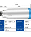 Heavy Duty Water Cooled Spindle Motor 7.5KW 380V ER32 CNC Router Lathe 30000 RPM side view with dimensions and specifications.