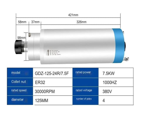 Heavy Duty Water Cooled Spindle Motor 7.5KW 380V ER32 CNC Router Lathe 30000 RPM side view with dimensions and specifications.