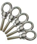 5 Piece 304 Stainless Steel Eye Bolts Set With Nuts And Flat Washers, M6 Shoulder Eyebolts, shown in side view.
