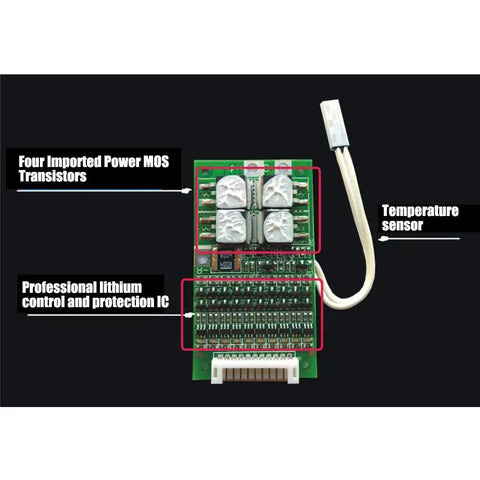 Rock Solid 10S 30A BMS Protection Board For 36V Lithium 18650 Cells with transistors and temperature sensor features.