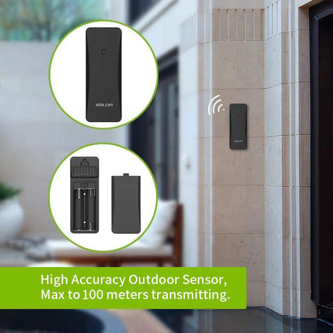 Wireless Weather Sensor For Smart Weather Station Shelf Or Wall Mount Remote Sensor Battery Powered Three Channel Expansion For Outdoor And Indoor Data Perfect For Home Weather Stations shown installed outdoors and battery compartment visible.