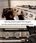 Clear 6 Pack Stove Gas Knob Covers For Kids Safety, hassle free install on stove with child and pet nearby, kitchen scene