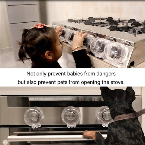Clear 6 Pack Stove Gas Knob Covers For Kids Safety, hassle free install on stove with child and pet nearby, kitchen scene