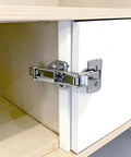 Two Pack 165 Degree Concealed Hydraulic Cabinet Hinges With Soft Close And 3D Adjustable Clip On Mounting installed on cabinet