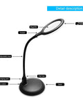 5X Magnifying Lamp With LED Light And Flexible Gooseneck USB Powered showing parts including magnifier, switch, and base
