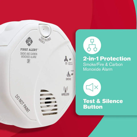 Battery Powered Wireless Interconnected Photoelectric Smoke And Carbon Monoxide Alarm Pack Of 3 With Voice Alerts And Location Indicator For Home Safety SCO500B device showing buttons and alerts on red background