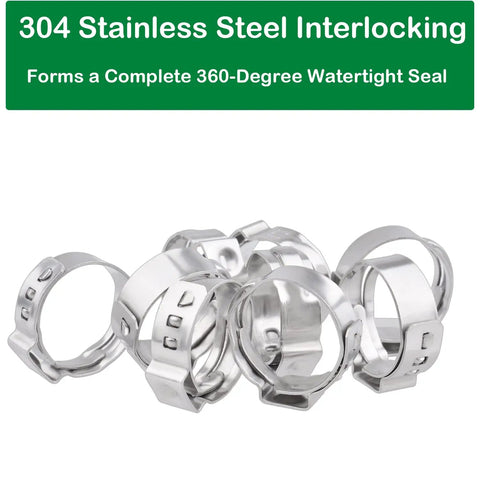 Heavy Duty 50 Piece 3/8 Inch PEX Cinch Clamps Set In 304 Stainless Steel For Easy Install Leak Free Crimp Rings And Single Ear Hose Clamps Universal Fit For PEX Tubing And Pipe Fittings Rust Resistant Fastening Kit with 304 Stainless Steel Interlocking Design for Watertight Seal