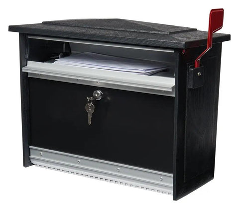 Heavy Duty Aluminum Wall Mount Mailbox With Locking Cam Lock, Medium Capacity 840 Cubic Inches, Black Finish, Easy Install, Includes Two Keys And Outgoing Mail Flag, Built To Last Outdoor Security Mailbox