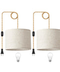 Plug In Pendant Lights With Smooth Dimmer Switch And 15 Foot Braided Hemp Cord For Super Chill Bedroom Or Living Room Vibes Two Pack Beige linen shades with braiding.