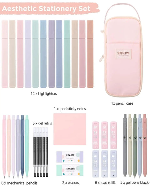 All-In-One Student Stationery Kit With Pencil Case, 12 Pastel Highlighters, 5 Black Gel Pens, Mechanical Pencils, Sticky Note Pad, Erasers, And More Pink School Supplies Set For College And Back To School displayed.