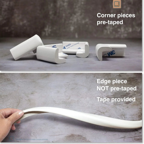Slimfit Corner Edge Protector For Baby Proofing 15 Foot Edge Coverage With Four Corner Bumpers Soft NBR Foam shown pre-taped and untaped