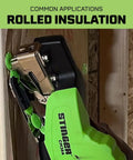 Straight Up Autofeed Cap Staple Hammer Tacker With One Inch Caps And Three Eighth Crown Staples Kick Butt Auto Feed Built Tough For Roofing Underlayment Housewrap Insulation used on rolled insulation.