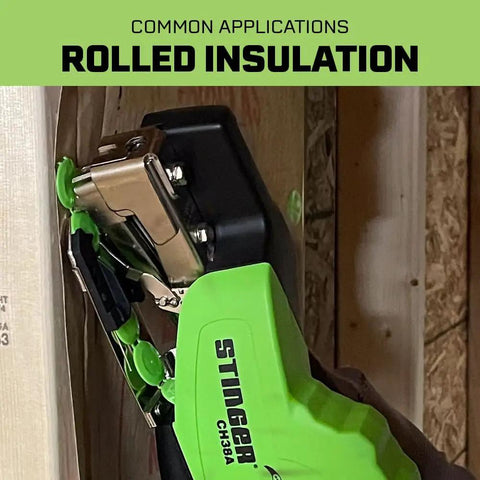 Straight Up Autofeed Cap Staple Hammer Tacker With One Inch Caps And Three Eighth Crown Staples Kick Butt Auto Feed Built Tough For Roofing Underlayment Housewrap Insulation used on rolled insulation.