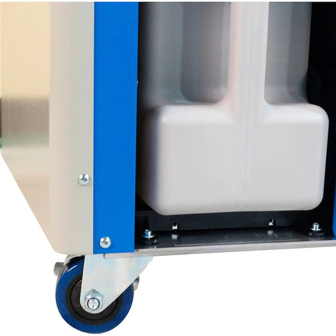 Bottom view of 16800 BTU Portable Air Conditioner showcasing durable wheels and drip tray for easy mobility and maintenance.