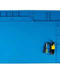 Large Soldering Mat Heat Resistant Silicone Work Pad With Magnetic Surface And Anti Static Wrist Strap Pro Grade For Soldering Station Phone Laptop Tablet Watch Repair Blue, showing top view with compartments.
