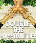 Morvat brass 2-way garden hose splitter with dual ON/OFF valves, front view connected to black braided hoses.