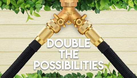 Morvat brass 2-way garden hose splitter with dual ON/OFF valves, front view connected to black braided hoses.