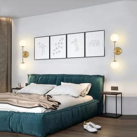 Bedroom with Modern Wall Sconce 2 Light Industrial Mid Century Vanity Light With White Globe Glass Shade Brushed Brass Gold Finish