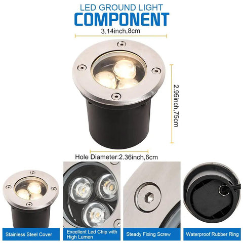 3W Low Voltage LED Landscape Lights 12 Pack With Wire Connectors And Well Lights For Garden Driveway Deck And Tree 300 Lumens Per Light Clear Lens Durable Glass Housing Easy Lit Outdoor Pathway Lighting showing stainless steel cover and LED components