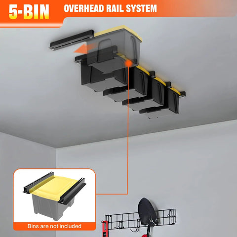 Garage Ceiling Storage Rack 16 Inch Overhead Tote System With Heavy Duty Adjustable Rails For Five Bins Not Included installed