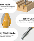 Diagram showing V Groove Router Bit 45 Degree With One Quarter Inch Shank And One Half Inch Cutting Diameter Carbide CNC Engraving Bit with features: double flute, teflon coated, alloy steel handle.