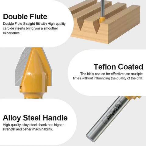 Diagram showing V Groove Router Bit 45 Degree With One Quarter Inch Shank And One Half Inch Cutting Diameter Carbide CNC Engraving Bit with features: double flute, teflon coated, alloy steel handle.